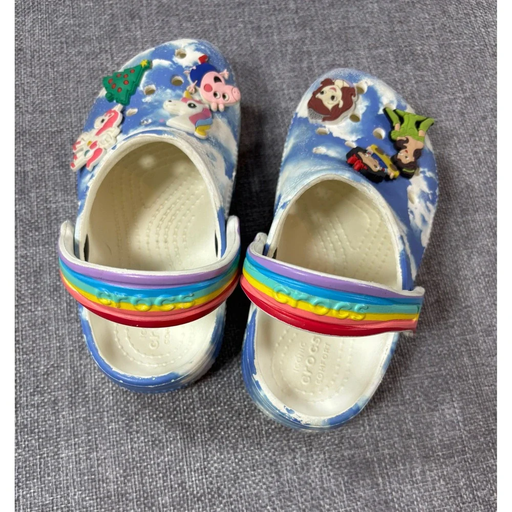 Crocs Kids Blue Cloud Rainbow Clog Shoes Toddler 9 Disney Peppa Jibbitz Charms
